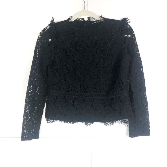EXPRESS Black Lace Ruffle Long Sleeve Top with Mock Neck Zipper Back Size XS - Picture 1 of 11